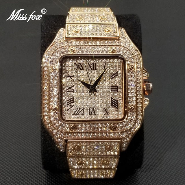 Karnz | MISSFOX Ice Out Square Herrenuhr | 18K Gold Nano-Vakuum-Beschichtung | Schweizer Quarz-Uhrwerk | Vollbesetzt mit Lab-Diamanten | Edelstahl-Gehäuse | Wasserdicht 3 ATM
