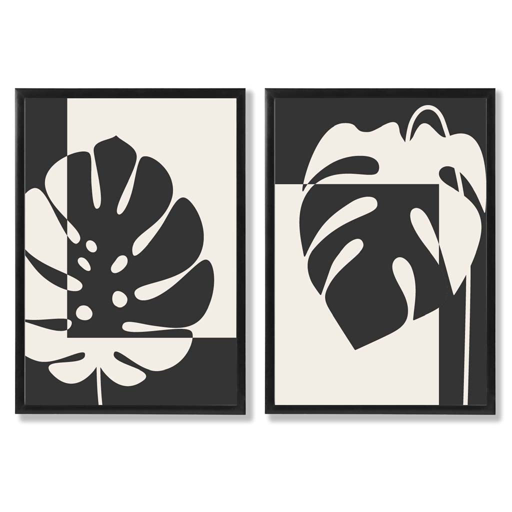Set aus 2 gerahmten Kunstdrucken mit Monstera-Motiven in Schwarz und Beige