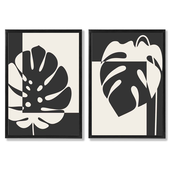 Set aus 2 gerahmten Kunstdrucken mit Monstera-Motiven in Schwarz und Beige