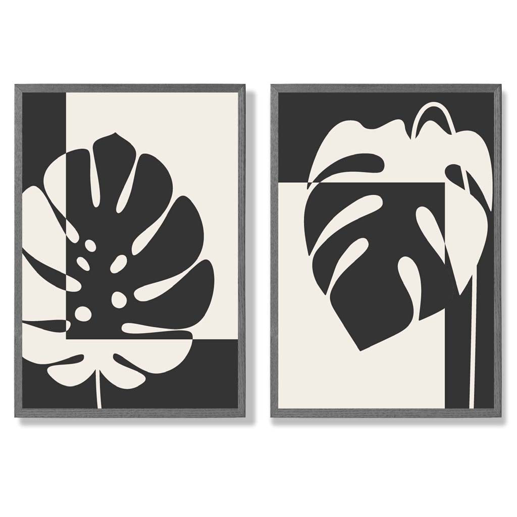 Set aus 2 gerahmten Kunstdrucken mit Monstera-Motiven in Schwarz und Beige
