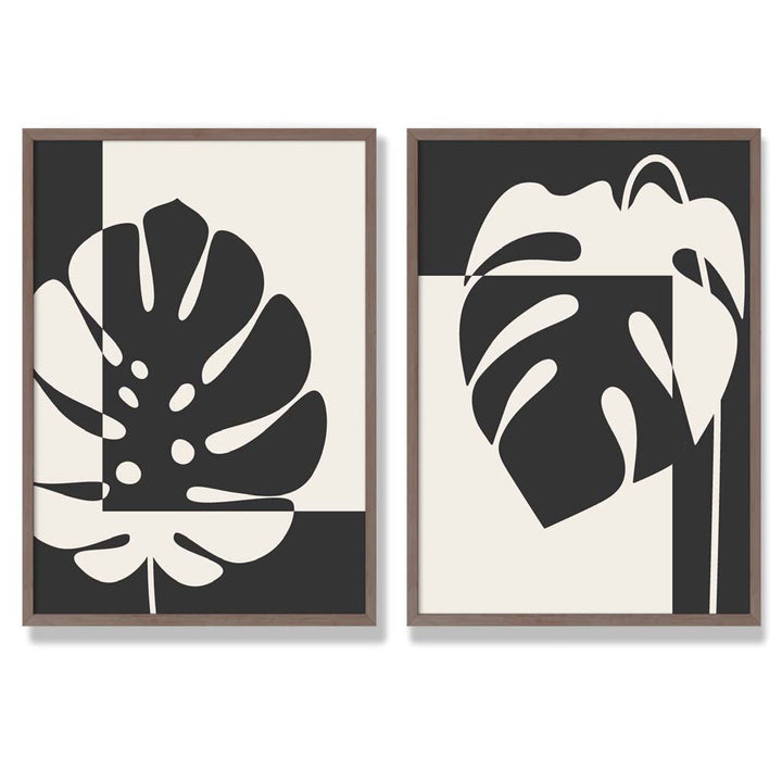 Set aus 2 gerahmten Kunstdrucken mit Monstera-Motiven in Schwarz und Beige