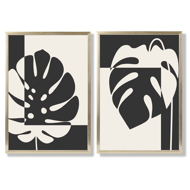 Set aus 2 gerahmten Kunstdrucken mit Monstera-Motiven in Schwarz und Beige