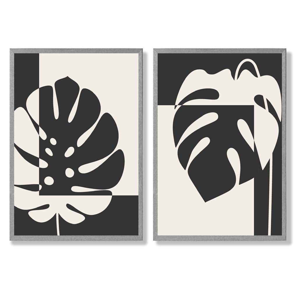 Set aus 2 gerahmten Kunstdrucken mit Monstera-Motiven in Schwarz und Beige