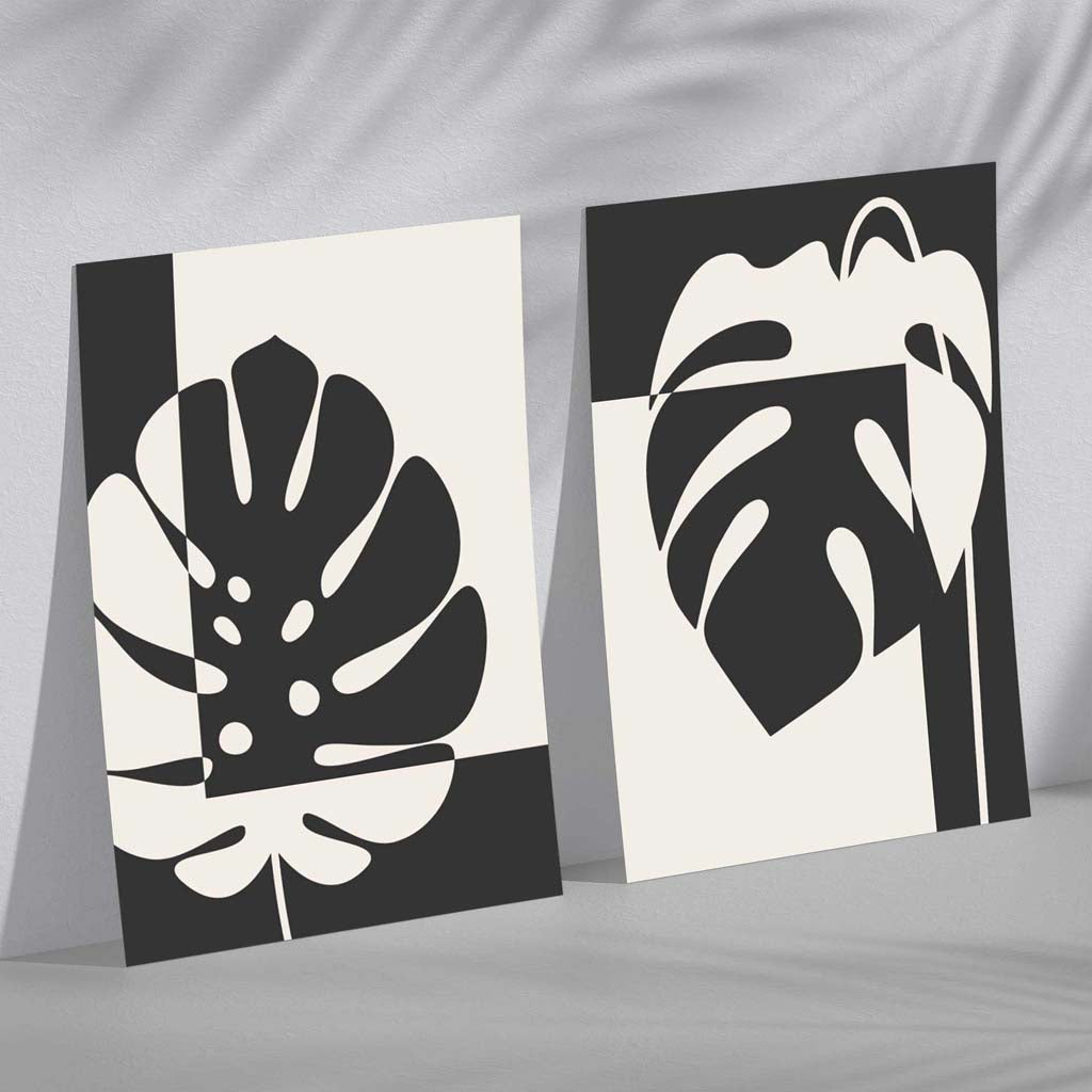 Schwarze und beige Monstera, 2er-Set Kunstdrucke