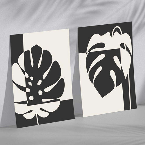 Schwarze und beige Monstera, 2er-Set Kunstdrucke