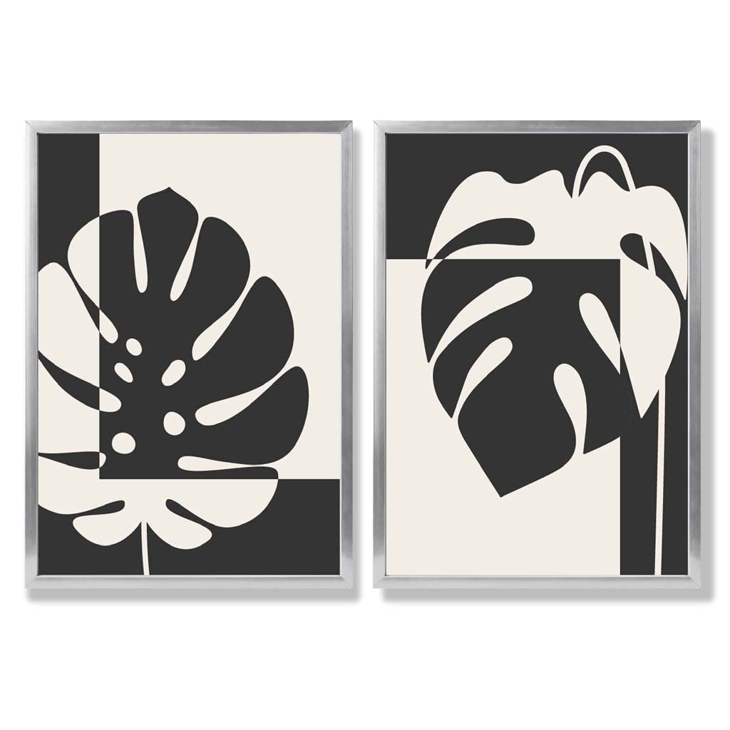 Set aus 2 gerahmten Kunstdrucken mit Monstera-Motiven in Schwarz und Beige