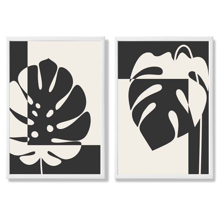 Set aus 2 gerahmten Kunstdrucken mit Monstera-Motiven in Schwarz und Beige
