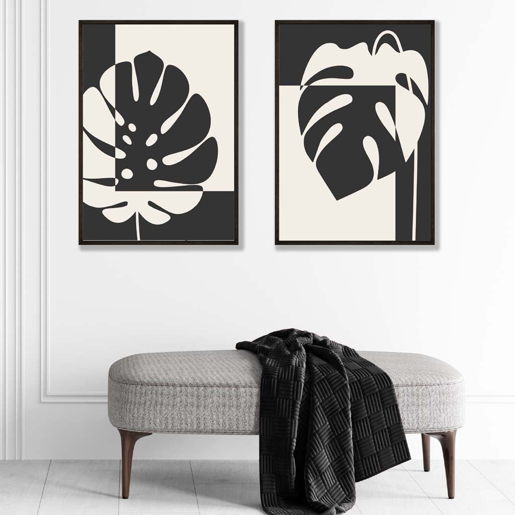 Set aus 2 gerahmten Kunstdrucken mit Monstera-Motiven in Schwarz und Beige