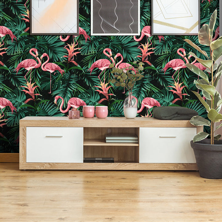 Karnz | Vinyl 33' x 20,5" Tropical Niet-gemaakt Flamingo en Botanisch Blad Behang