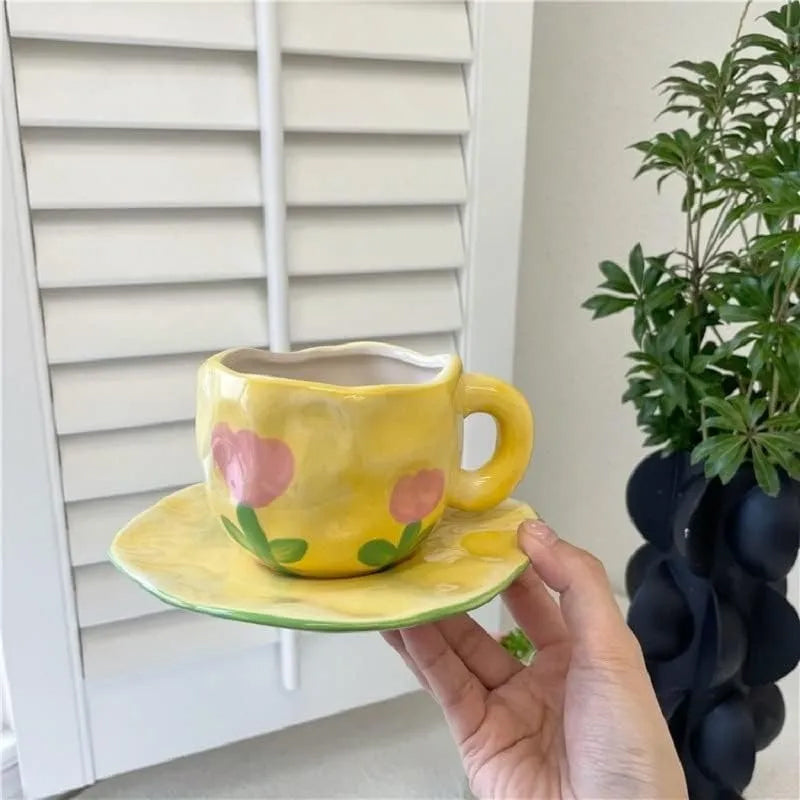 Handbemalter kreativer Kaffeebecher, Keramiktasse und Untertassenset | Karnz