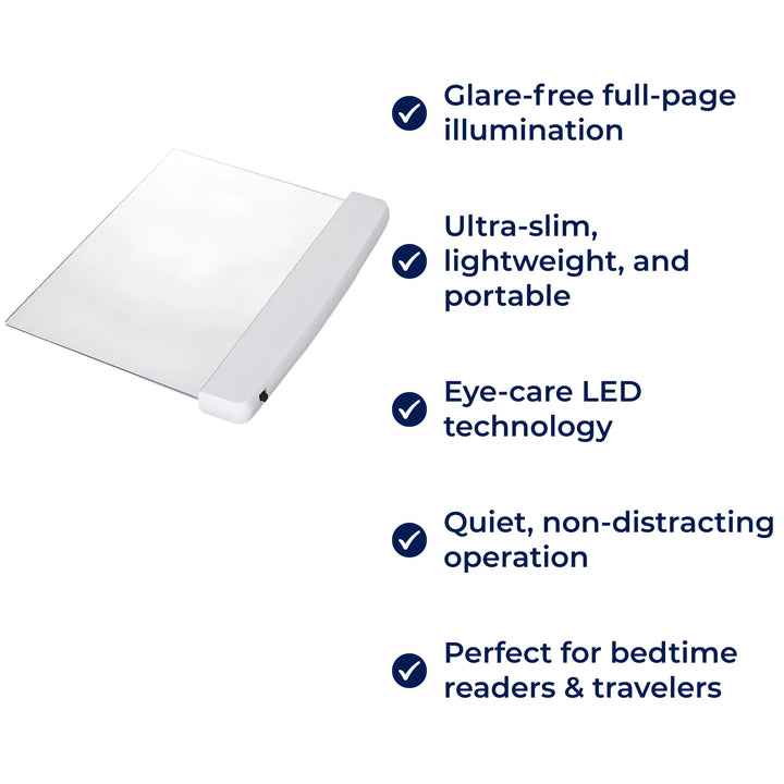 PageGlow | Flache LED Buchleuchte – Vollseitige blendfreie Beleuchtung – Schlankes tragbares Design – Augenschutz für Reisende und Leser im Bett Karnz