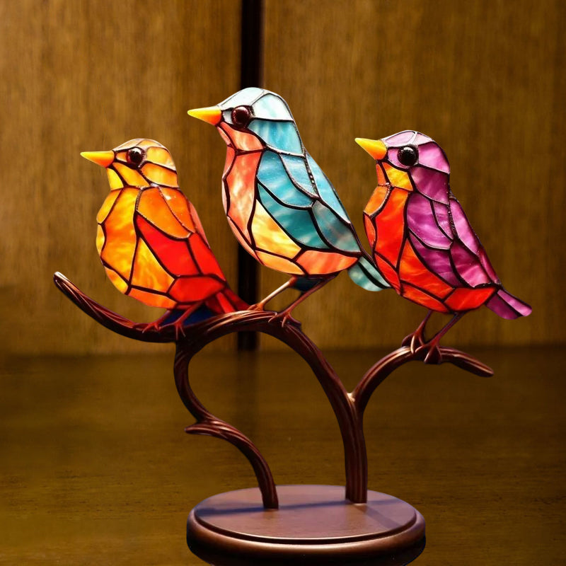 Bunte Glasornamente Vögel auf Zweigen | Karnz
