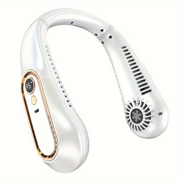 Bleib cool und bequem mit diesem USB-wiederaufladbaren Nackenventilator mit 5 Geschwindigkeitsstufen - Digitalanzeige und bladeloos! | Karnz
