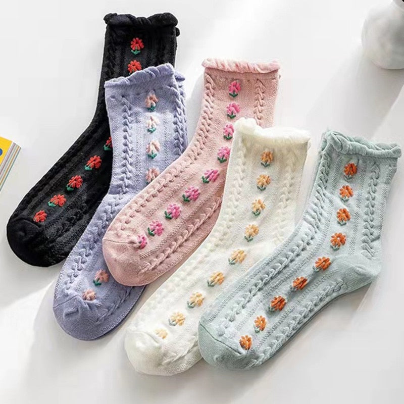 5 Paar Socken im Vintage-Stil mit Blumenstickerei