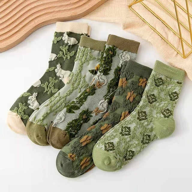 5 Paar Socken im Vintage-Stil mit Blumenstickerei