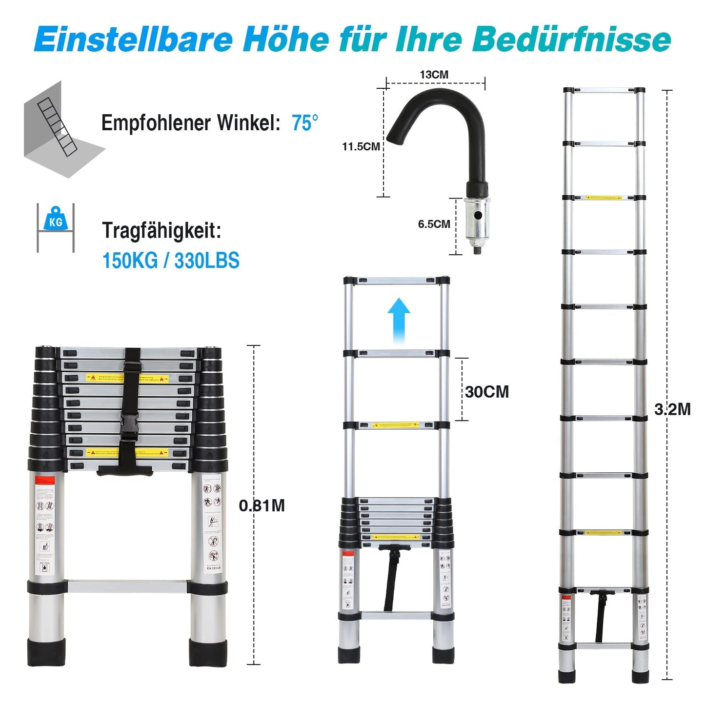 Teleskopleiter mit 2 Abnehmbarem Haken | Karnz