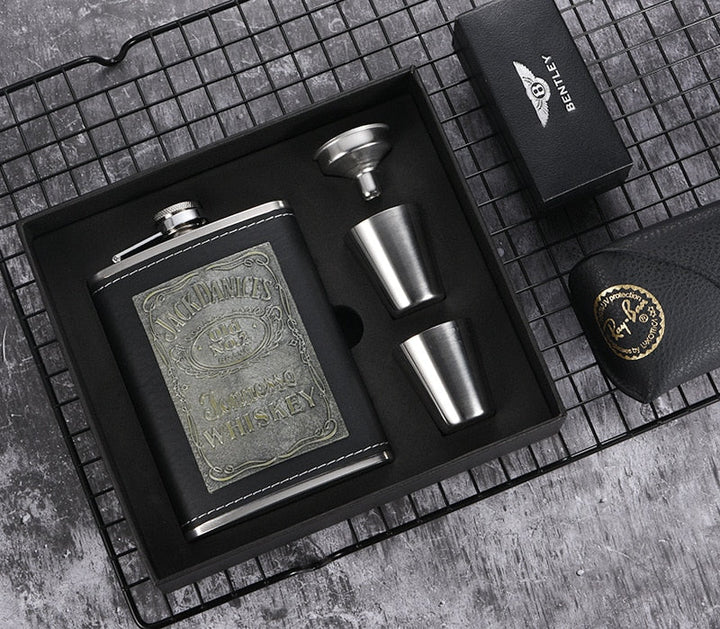Karnz | 8oz Whisky-Flasche aus Edelstahl Alkohol-Trichter Hüftflasche Bestickte Goldene Seidenstoff Verpackung Geschenk-Box Set