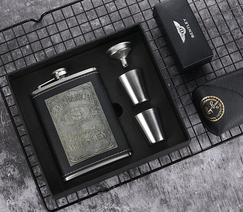 Karnz | 8oz Whisky-Flasche aus Edelstahl Alkohol-Trichter Hüftflasche Bestickte Goldene Seidenstoff Verpackung Geschenk-Box Set