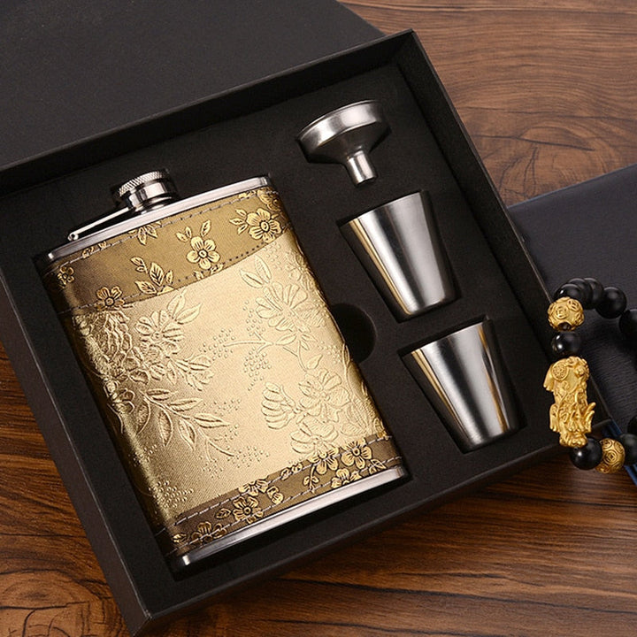 Karnz | 8oz Whisky-Flasche aus Edelstahl Alkohol-Trichter Hüftflasche Bestickte Goldene Seidenstoff Verpackung Geschenk-Box Set