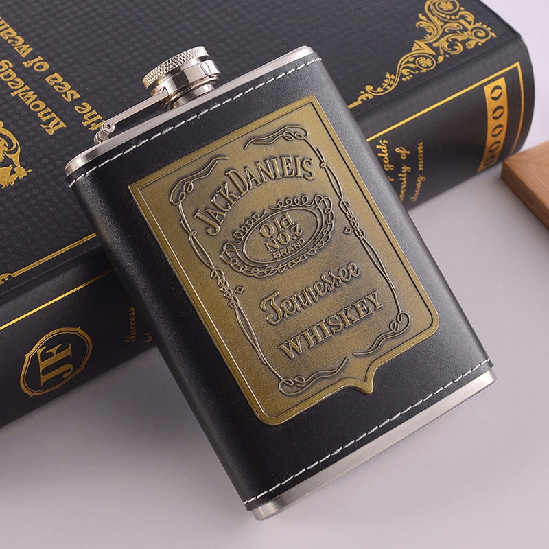 Karnz | 8oz Whisky-Flasche aus Edelstahl Alkohol-Trichter Hüftflasche Bestickte Goldene Seidenstoff Verpackung Geschenk-Box Set