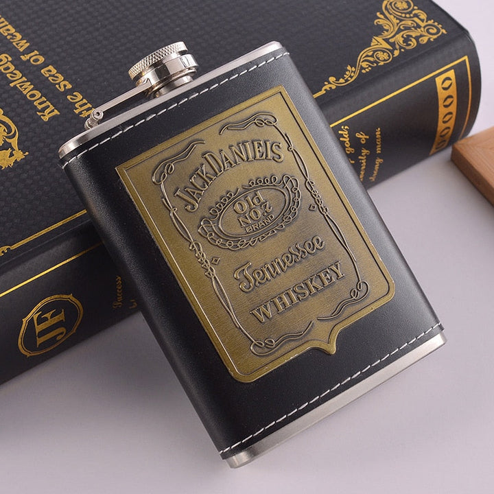 Karnz | 8oz Whisky-Flasche aus Edelstahl Alkohol-Trichter Hüftflasche Bestickte Goldene Seidenstoff Verpackung Geschenk-Box Set