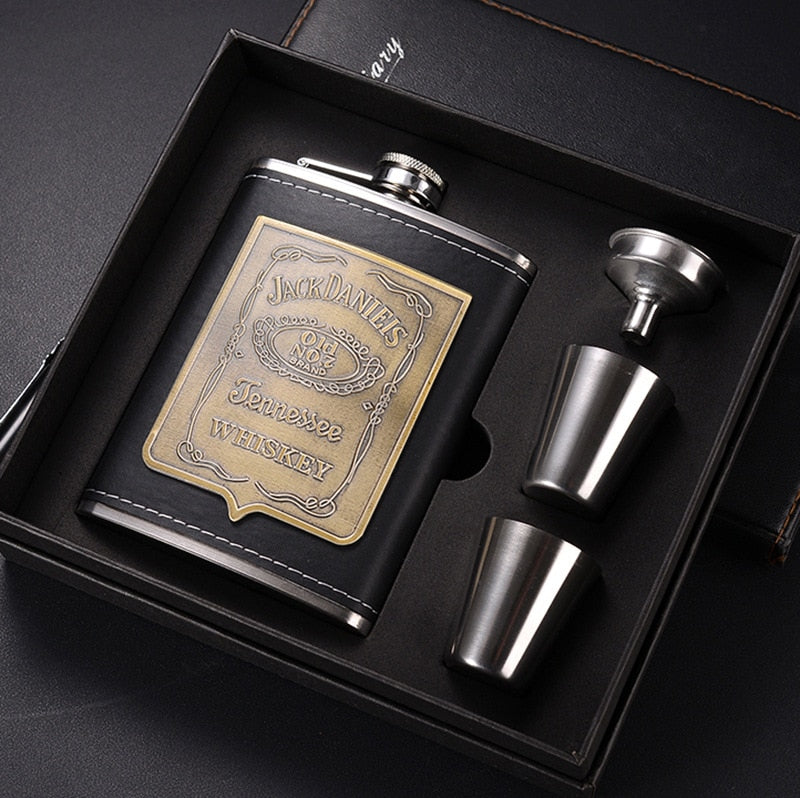 Karnz | 8oz Whisky-Flasche aus Edelstahl Alkohol-Trichter Hüftflasche Bestickte Goldene Seidenstoff Verpackung Geschenk-Box Set