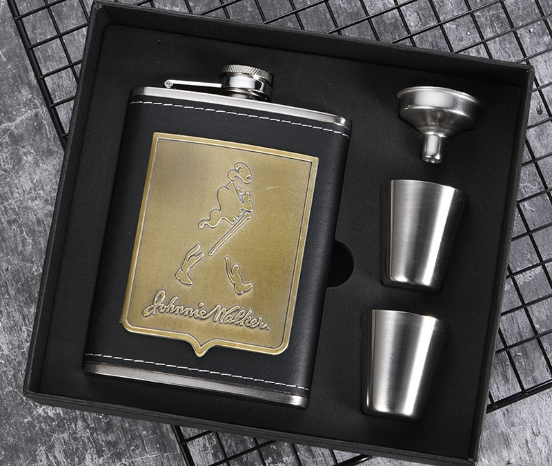 Karnz | 8oz Whisky-Flasche aus Edelstahl Alkohol-Trichter Hüftflasche Bestickte Goldene Seidenstoff Verpackung Geschenk-Box Set