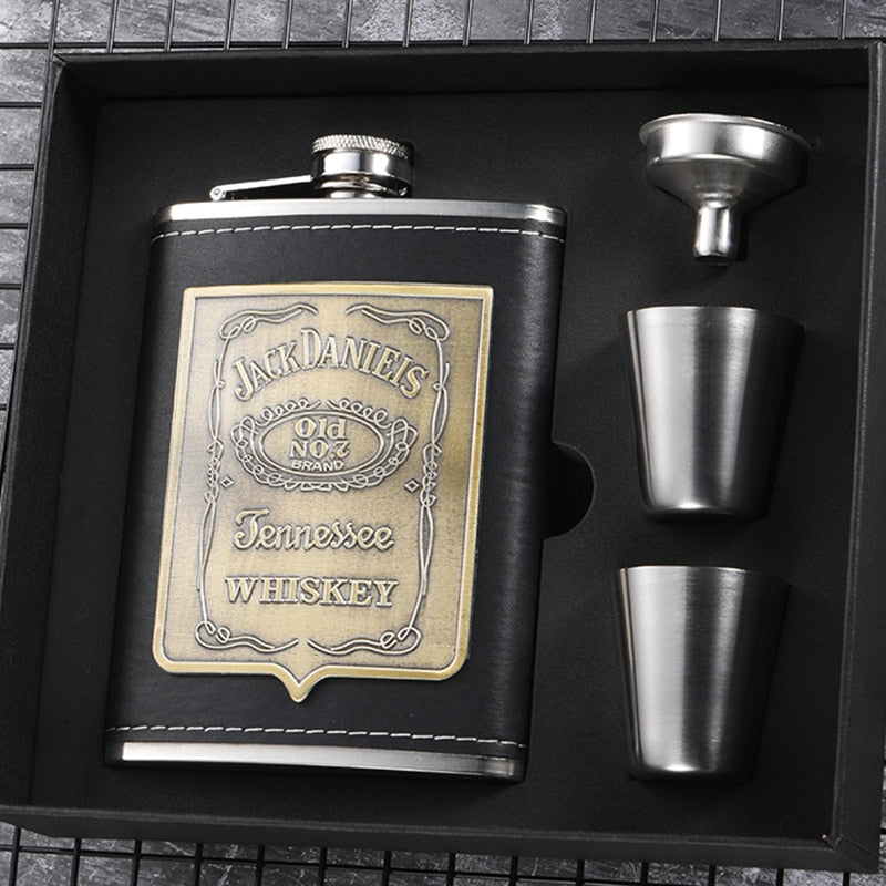 Karnz | 8oz Whisky-Flasche aus Edelstahl Alkohol-Trichter Hüftflasche Bestickte Goldene Seidenstoff Verpackung Geschenk-Box Set