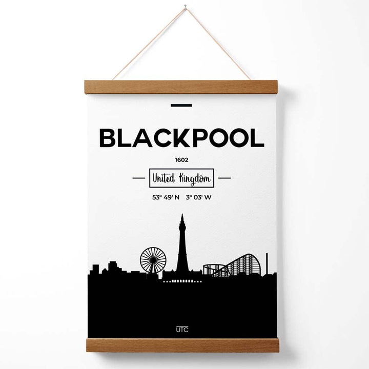 Blackpool Stadtbild-Poster in Schwarz-Weiß mit Aufhänger