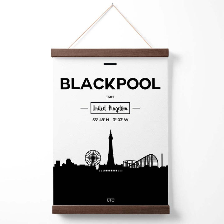Blackpool Stadtbild-Poster in Schwarz-Weiß mit Aufhänger