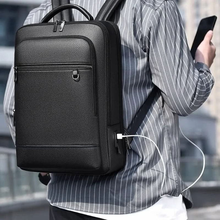 Eleganter Lederrucksack für Damen und Herren mit USB-Anschluss für Laptop und den täglichen Gebrauch, 15,6 Zoll, schwarz
