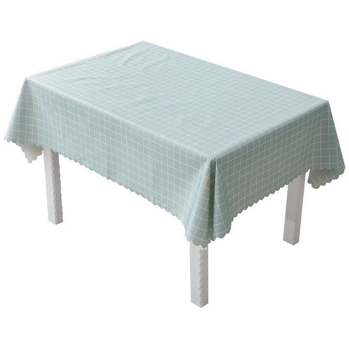 Runde abwaschbare Tischdecke mit feinem Karo‑Gittermuster und welligem Saum
