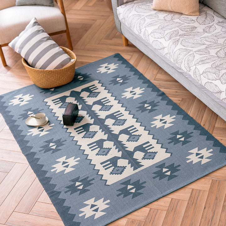 Flachgewebter Baumwollläufer mit mediterranem Kachel‑Jacquard und dekorativen Fransen Karnz