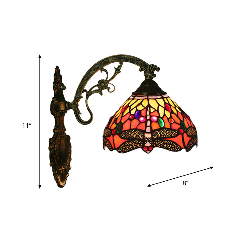 1-Kopf Schlafzimmer Wandlampe Tiffany Bronze Wandleuchte mit Kegel Libellenmuster Glas Schirm