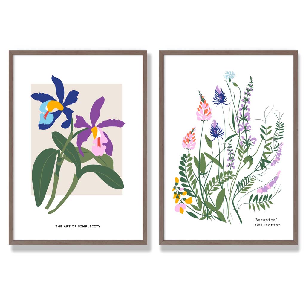 Bunte Frühlingsblumen-Illustration, gerahmtes Set aus 2 Kunstdrucken