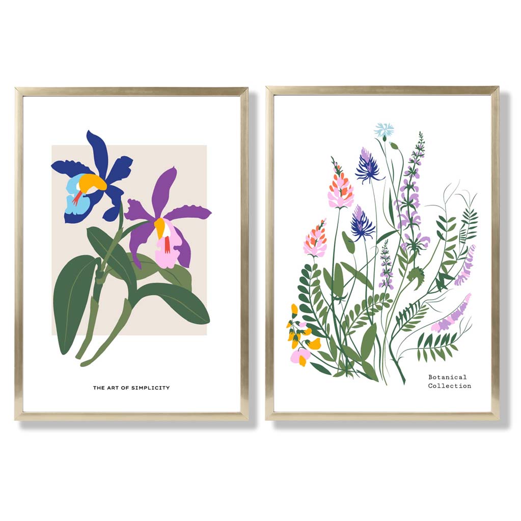 Bunte Frühlingsblumen-Illustration, gerahmtes Set aus 2 Kunstdrucken