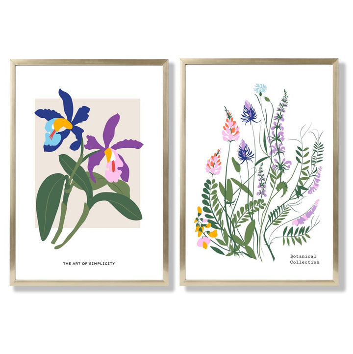 Bunte Frühlingsblumen-Illustration, gerahmtes Set aus 2 Kunstdrucken