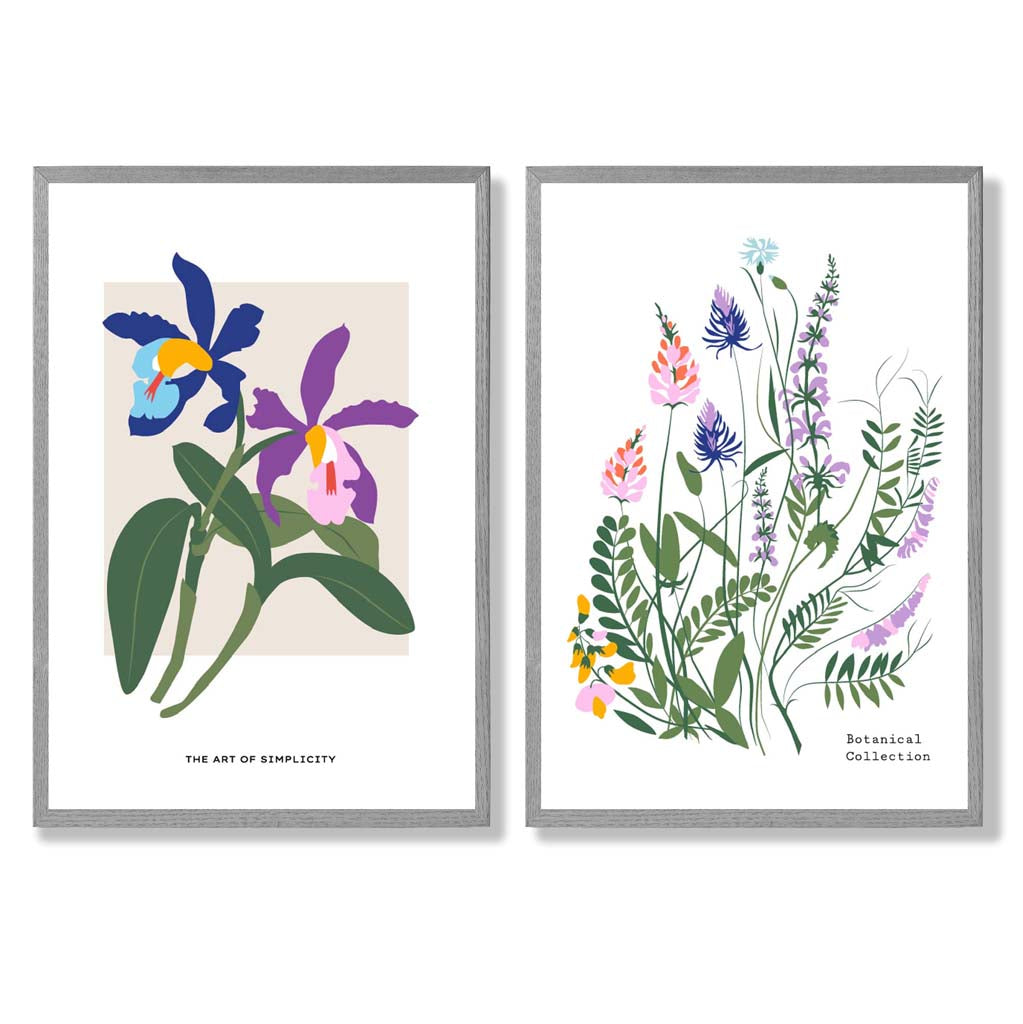 Bunte Frühlingsblumen-Illustration, gerahmtes Set aus 2 Kunstdrucken