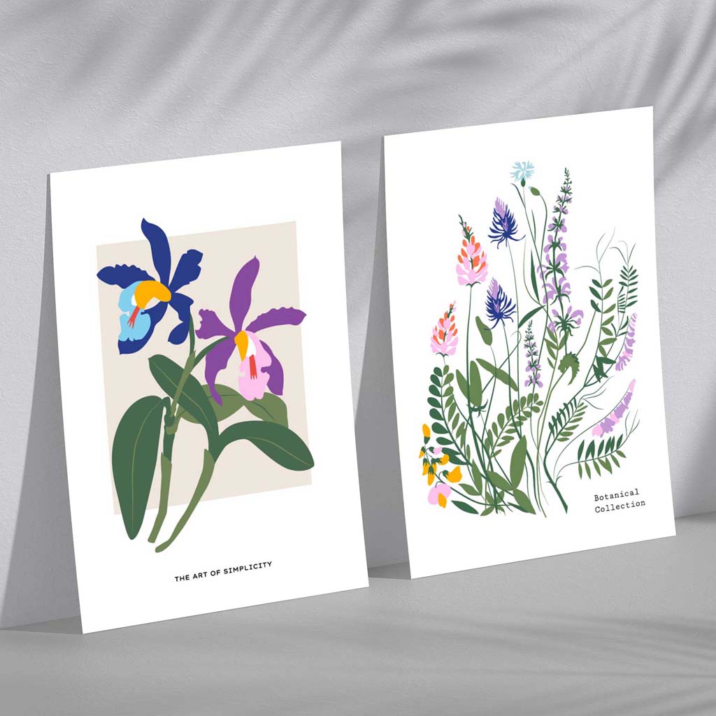 Farbenfrohes Frühlingsblumen-Illustrationsset mit 2 Kunstdrucken