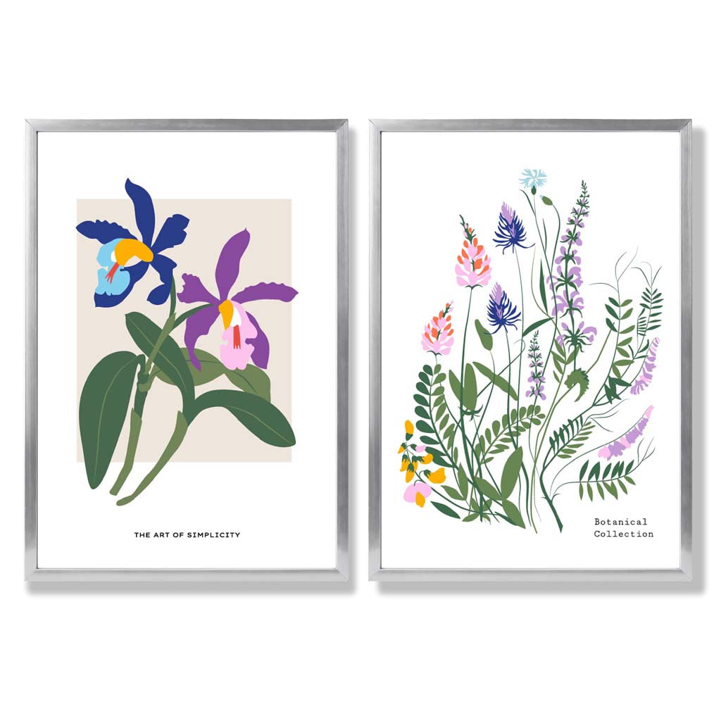 Bunte Frühlingsblumen-Illustration, gerahmtes Set aus 2 Kunstdrucken