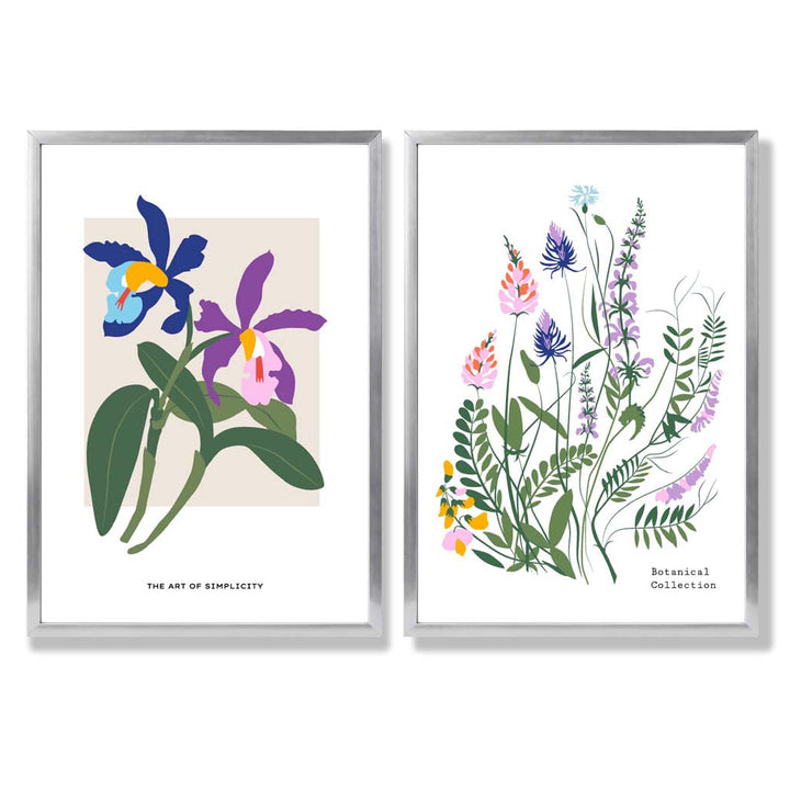 Bunte Frühlingsblumen-Illustration, gerahmtes Set aus 2 Kunstdrucken
