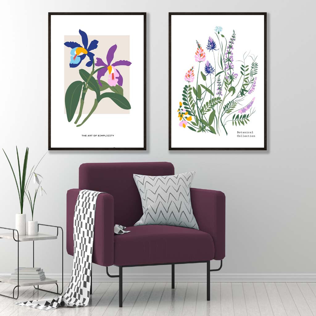 Bunte Frühlingsblumen-Illustration, gerahmtes Set aus 2 Kunstdrucken