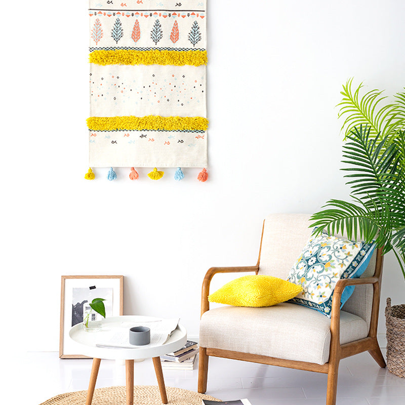 Wandteppich im Skandi‑Boho‑Stil mit Tufting‑Streifen, Quasten und Holzstab Karnz