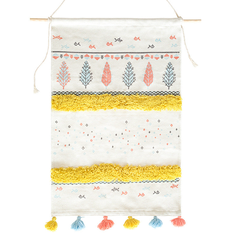 Wandteppich im Skandi‑Boho‑Stil mit Tufting‑Streifen, Quasten und Holzstab Karnz
