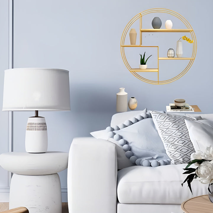 Runde Wandregal mit 4 Ebenen – Retro-Design aus Holz & Metall | Dekorativer Hängeregal für Wohnzimmer, Badezimmer & Schlafzimmer | Karnz