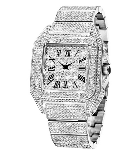 Karnz | MISSFOX Ice Out Square Herrenuhr | 18K Gold Nano-Vakuum-Beschichtung | Schweizer Quarz-Uhrwerk | Vollbesetzt mit Lab-Diamanten | Edelstahl-Gehäuse | Wasserdicht 3 ATM