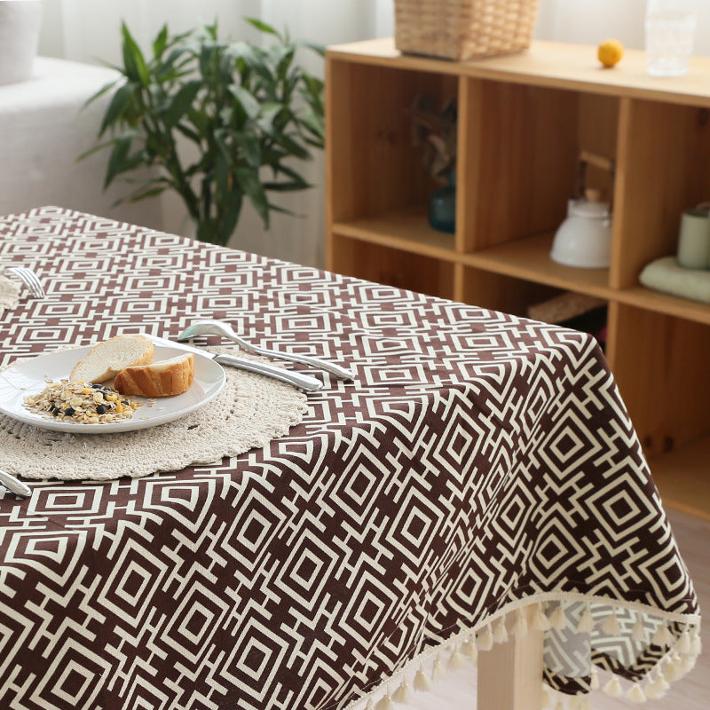 Gewebte Baumwoll-Tischdecke im Ethno-Jacquard mit Quastenbordüre Karnz