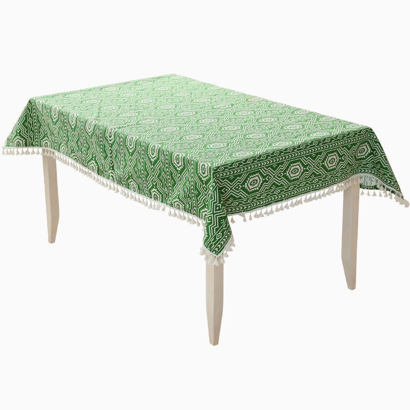 Gewebte Baumwoll-Tischdecke im Ethno-Jacquard mit Quastenbordüre Karnz