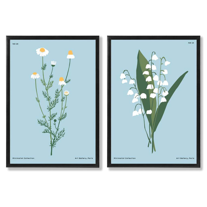 Illustration einer blauen Wildblume, gerahmtes Set aus 2 Kunstdrucken