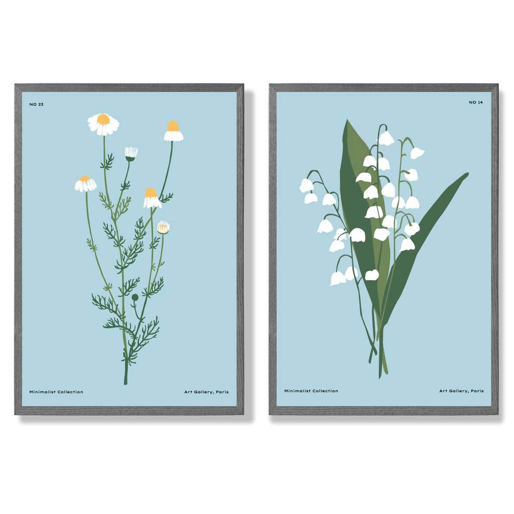 Illustration einer blauen Wildblume, gerahmtes Set aus 2 Kunstdrucken